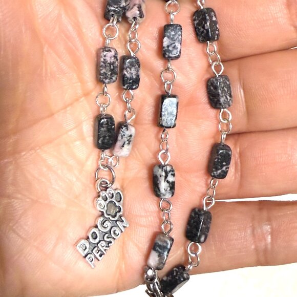 Genuine Gemstone Black Pink Rhodonite w/ Dog Person Pendant Short Necklace - Picture 15 of 15